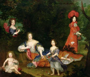 Porträt von Francoise-Athenais de Rochechouart-Mortemart (1641-1707) Marquise de Montespan, umgeben von ihren legitimierten Kindern